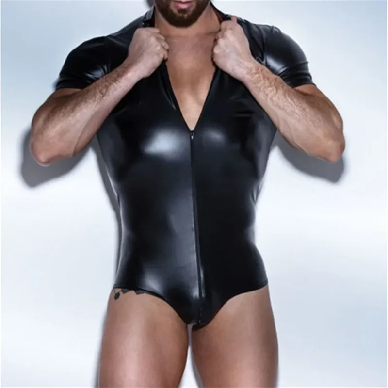 Men Bodysuit Latex Leather Short Sleeve Catsuits PU Leather Zipper Lingerie One Piece Underwear