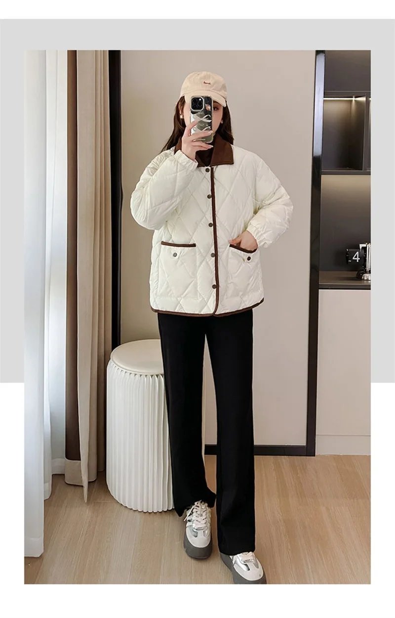 Autumn Winter Overcoat PU Leather Cotton-padded Jacket Women's Rhombic Lattice Short Coats Female Warm Outerwear No-wash Parkas