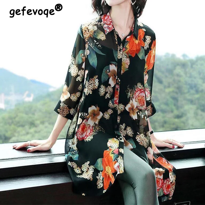 Vintage Casual Floral Print Button Long Shirts Summer 2023 Office Lady Polo-Neck Three Quarter Sleeve Loose Tops Ladies Clothing