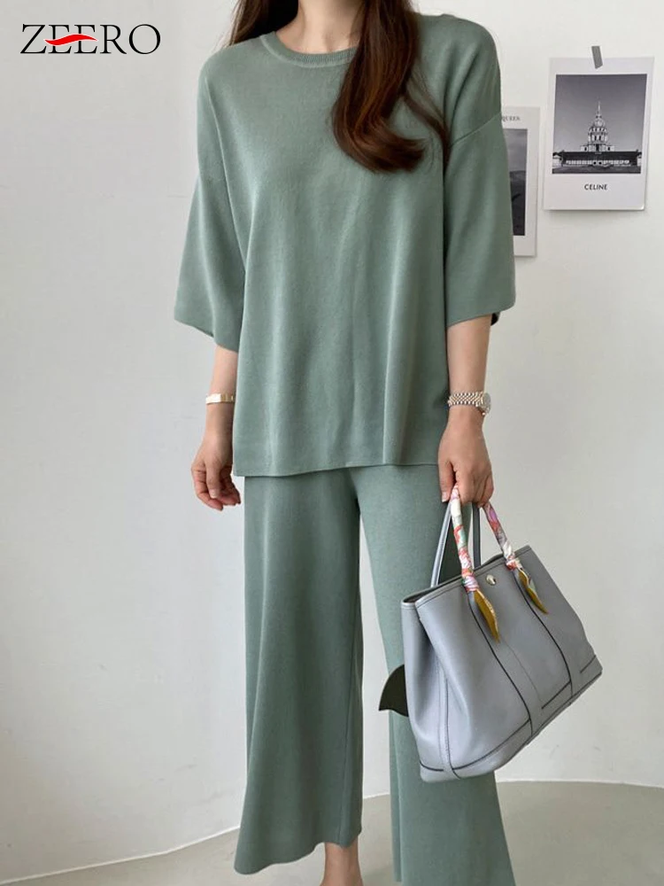 

Женский Повседневный костюм из 2 предметов, тонкий трикотажный топ из вискозы с коротким рукавом и круглым вырезом и длинные широкие брюки в Корейском стиле, летняя одежда