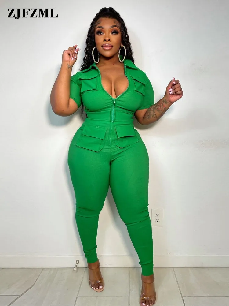 

Solid Color Rompers Womens Jumpsuits Lapel Neck Short Sleeve Slim Fit Overalls With Pockets Activewear Zipper Up Lounge Outfits
