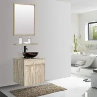 24" Bathroom Vanity Sink Combo Wall Mounted Natural Cabinet Vanity Set Brown Round Tempered Glass Vessel Sink Top, W/ORB Faucet 1