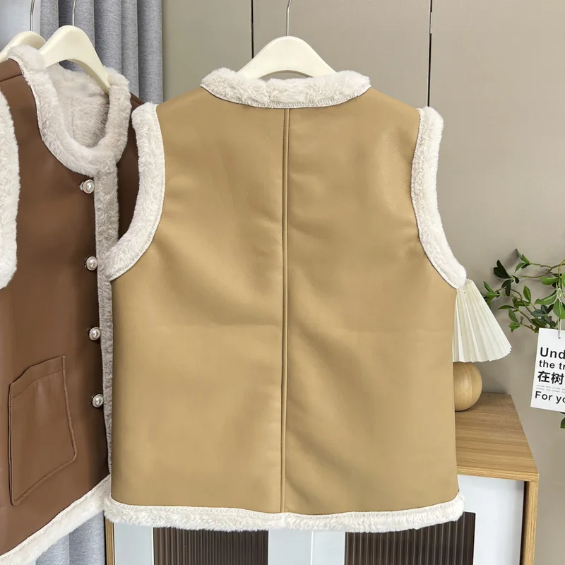 Plus Size Women Sleeveless Vest Winter Loose LEATHER & FUR Waistcoat 8554
