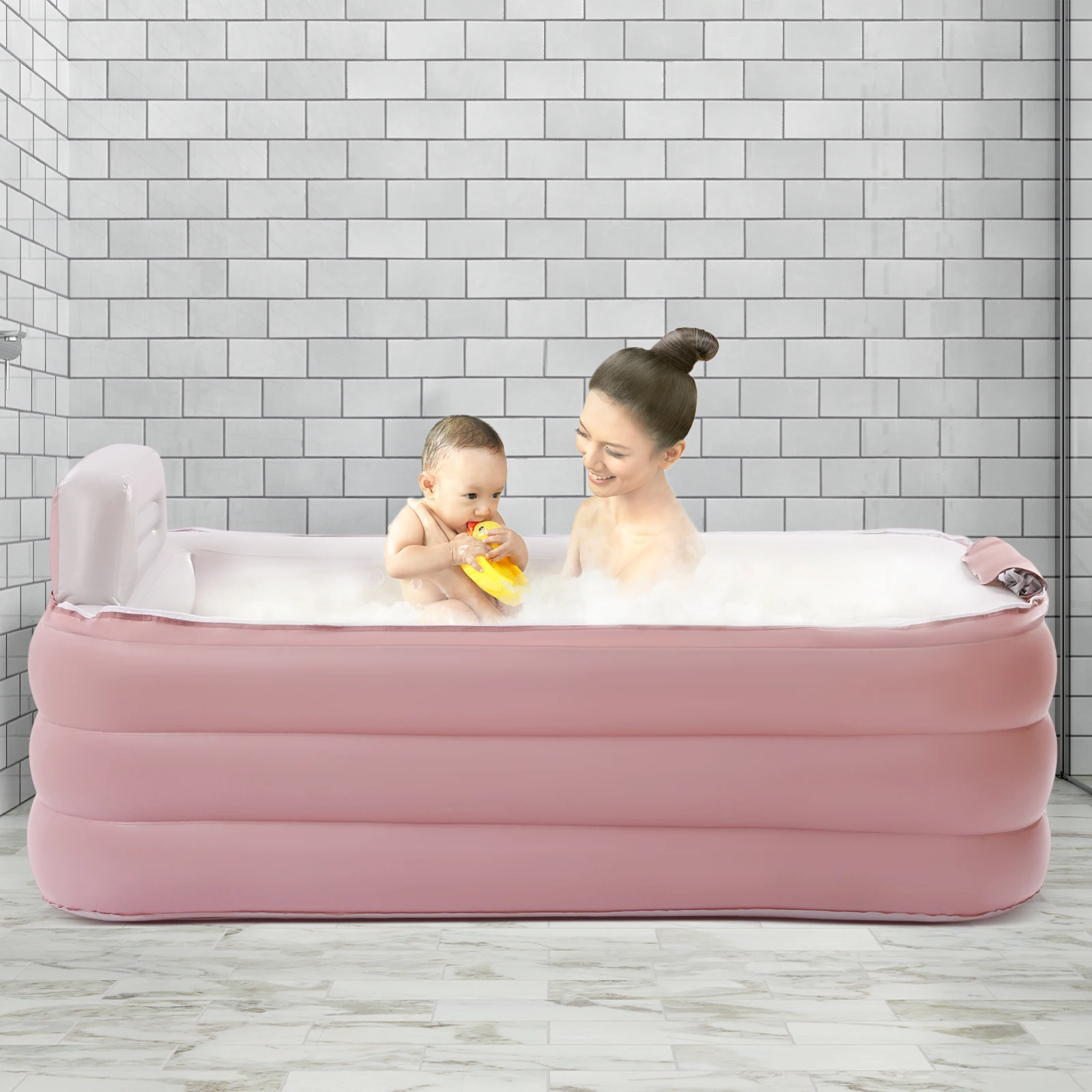 Inflatable Bathtub Folding Adult Kids Home SPA Play Tub 1.6m3 Tiers Automatic w/Electric Air Pump Pink Bathing Tub