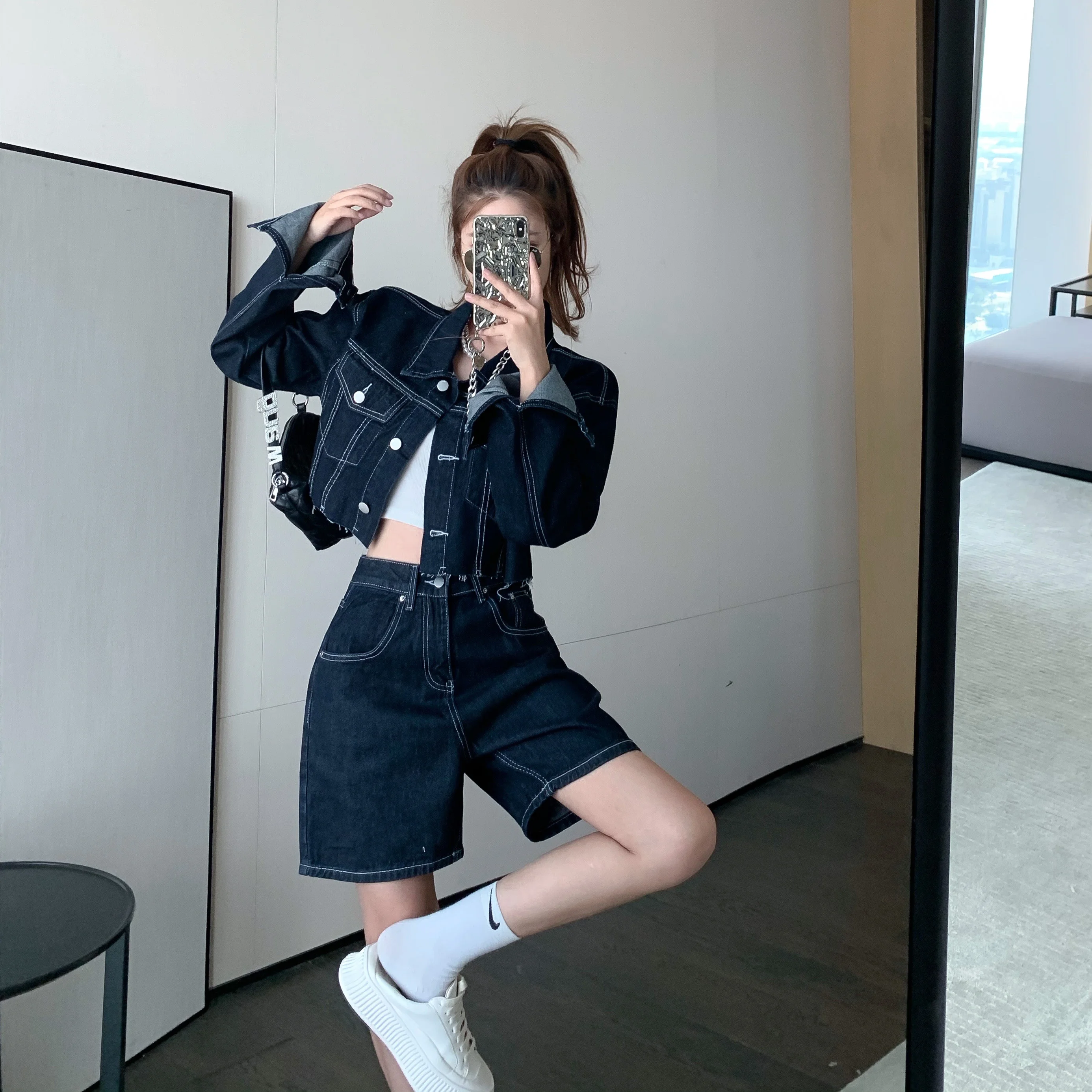 Fashion Hot Girl Two Piece Suits Women 2023 Autumn New Cropped Denim Jacket Female Thin Tops and Pants Sets Woman autumn new girls flats shoes fashion princess shoes solid color baby girl leather shoes mary janes mule