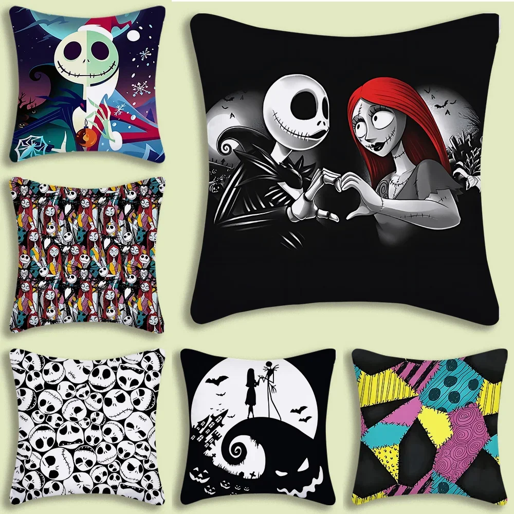 Halloween Skull Jack Sally Pillow Covers Cartoon Sofa Decorative Home Double-sided Printing Short Plush Cute Cushion Cover