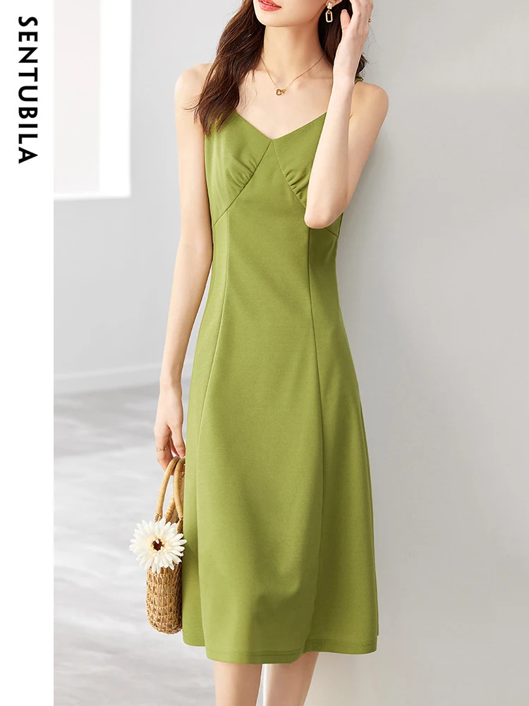 

SENTUBILA Vintage Summer Dresses For Women 2023 V-Neck Mid-Length Formal A-Line Strap Dress Female Clothes Summer Fashion