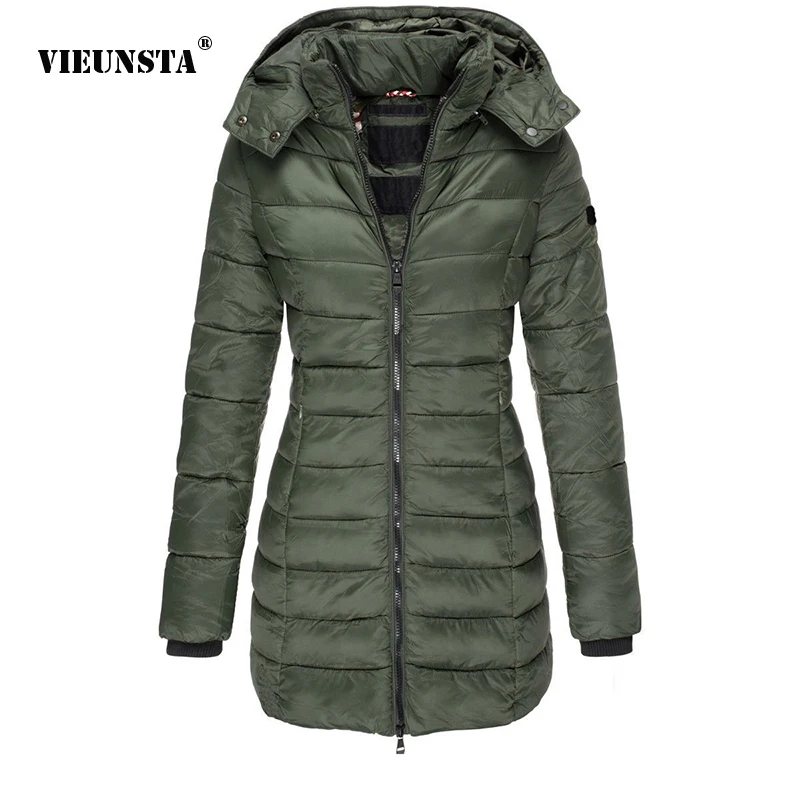 

Fall Winter Korean New Women's Long Sleeve Hooded Coat Fashion Slim Solid Color Mid length Cotton Jacket Warm Down Cotton Jacket