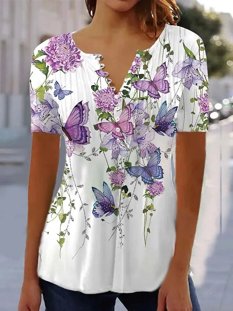 

Plus Size Women Short Sleeve V-neck Butterfly Floral Printed Buttons Tops