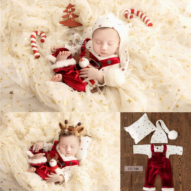 Newborn Baby Photography Props Christmas Set Deer Headband Outfits Pillow Blingbling Stars Mesh Backdrop Studio Shoot Photo Prop