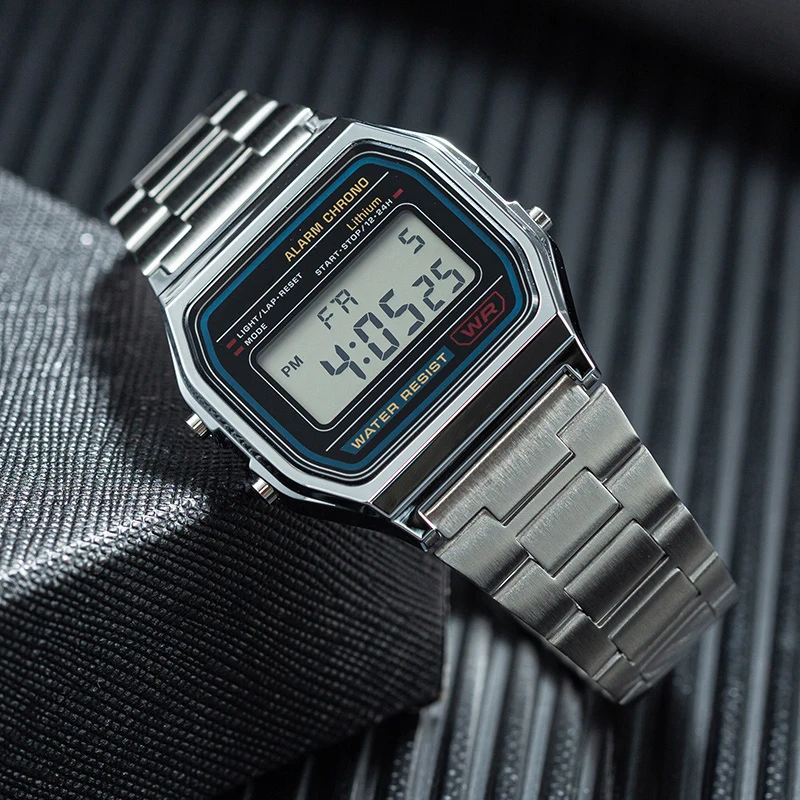 Luxury F91W Steel Band Watch Retro LED Digital Sports Military Watch Electronic Wrist Band Clock Ladies Men Couples Watches 2