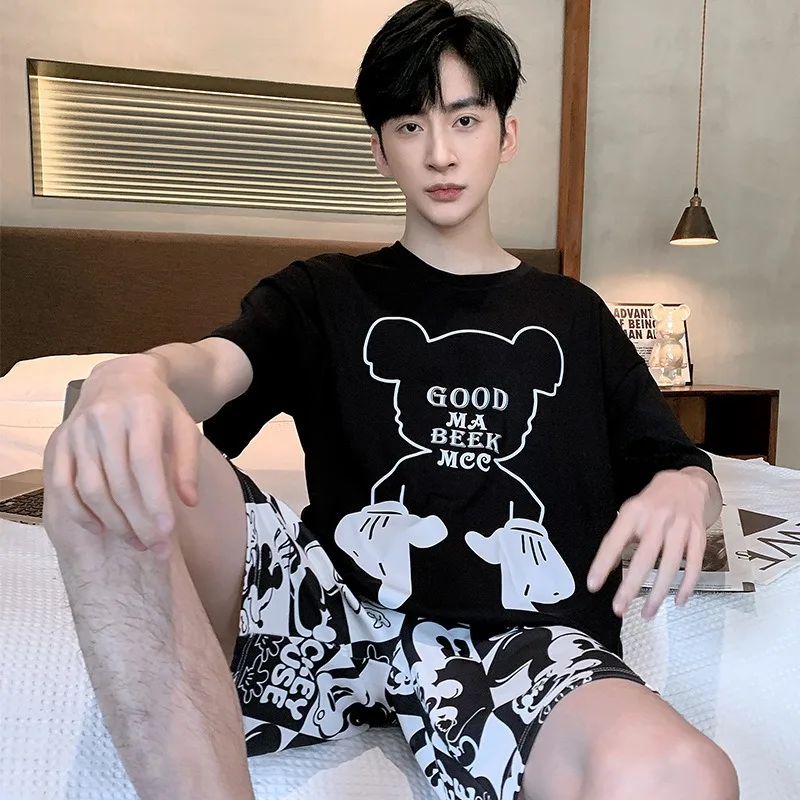 Pure Cotton Fabric Summer Pajamas Men Crew Neck Casual Short Sleeve Shorts Loose Cartoon Bear 2 Piece Set Sleepwear