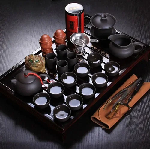 Tea Set Chinese Teaset Yixing Ceramic Kungfu Tea Sets 26pcs Solid Wood Tray Kungfu Set Service
