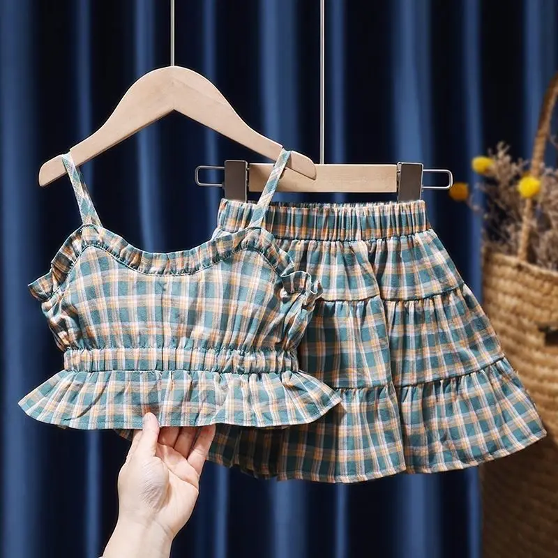 

2023 Summer Korean Checkered Girls' Strap Tank Top Half Skirt Two Piece Strap+Skirt Set Baby Girl Clothes