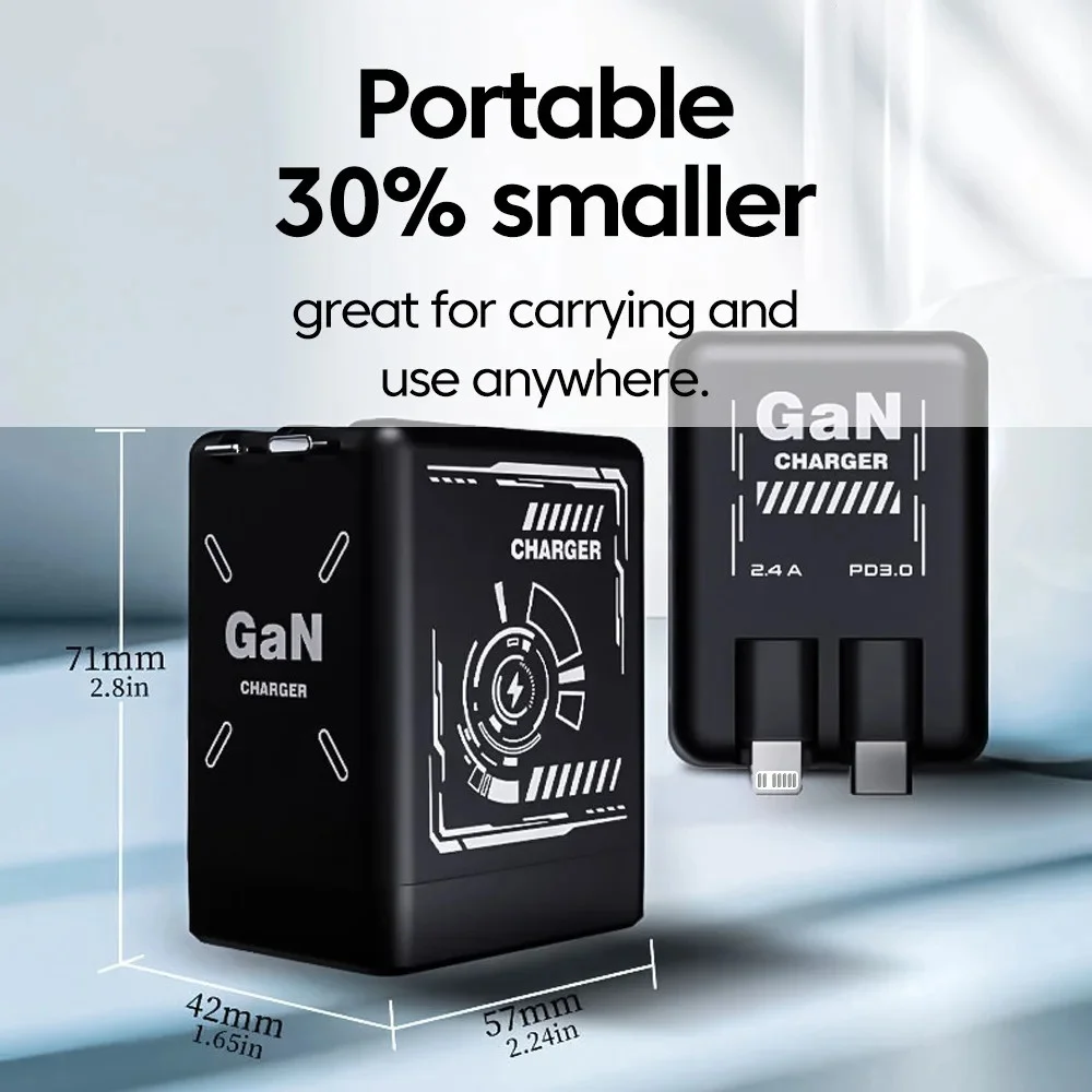 Foldable EU/US/UK Plug GaN Phone Charger with Retractable Type C to Lightning/Type C Cable Fast Charging Universal USB Charger