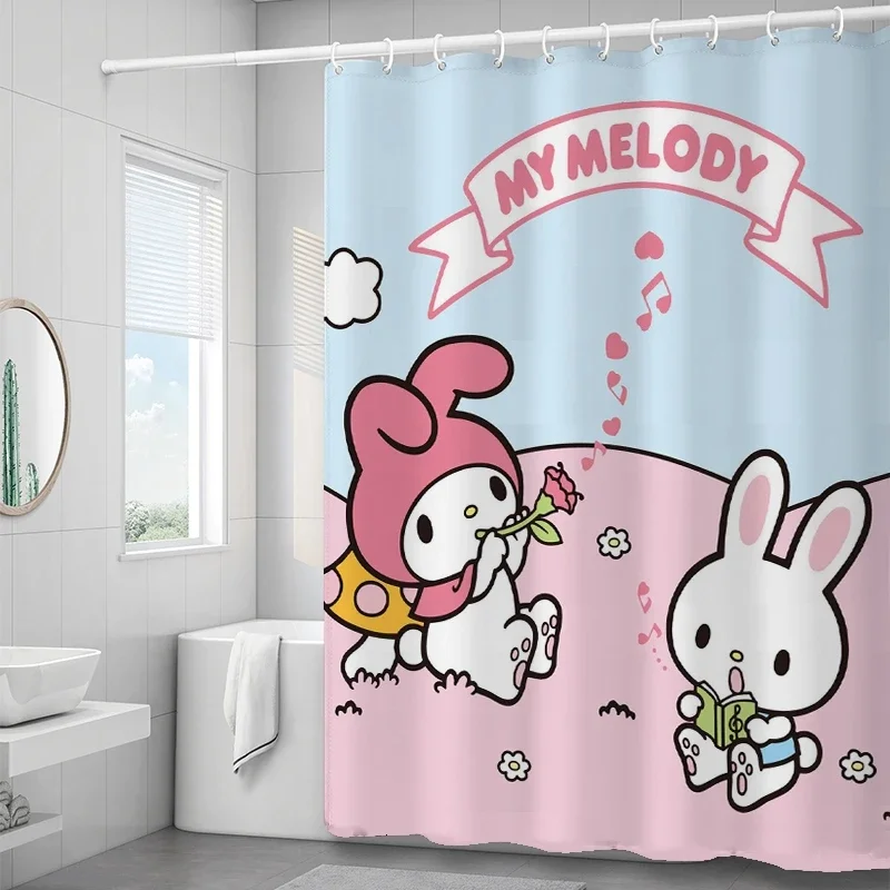 

Kawaii Sanrio Cinnamoroll Mymelody Kuromi Cartoon Shower Curtain Waterproof Polyester Bathroom Curtain with Hook Gift