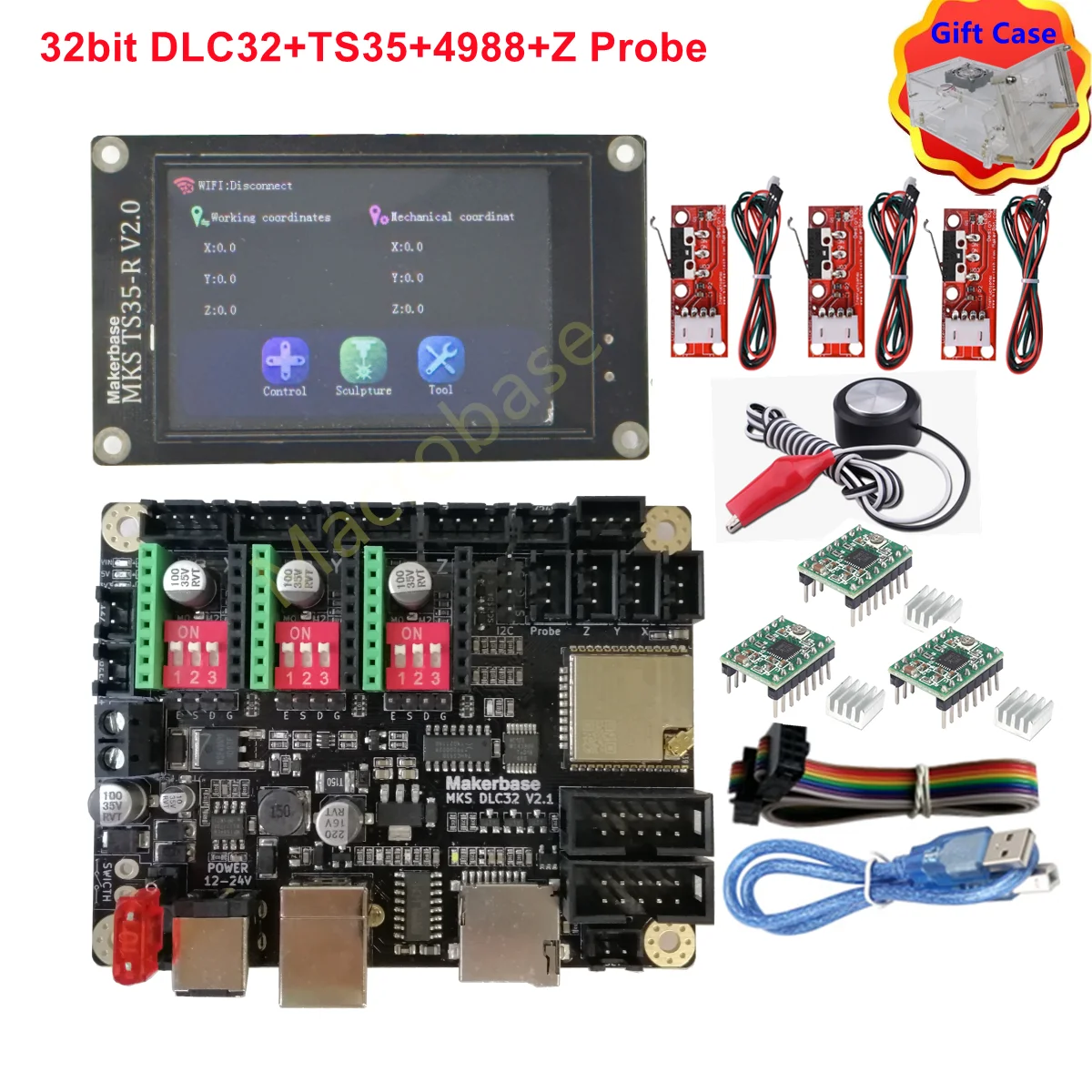 Laser Control Card CNC Upgrade Controller Makerbase MKS DLC32 offline controller 32bits ESP32 WIFI board TS35 touch screen display for portable laser engraving machine laser control card cnc upgrade controller