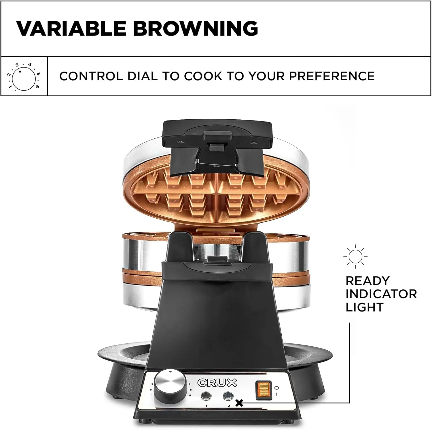 Double Rotating Belgian Waffle Maker, Keto Chaffles Iron with Nonstick PFOA Free Copper Plates for Easy Food Release, Browning C 3
