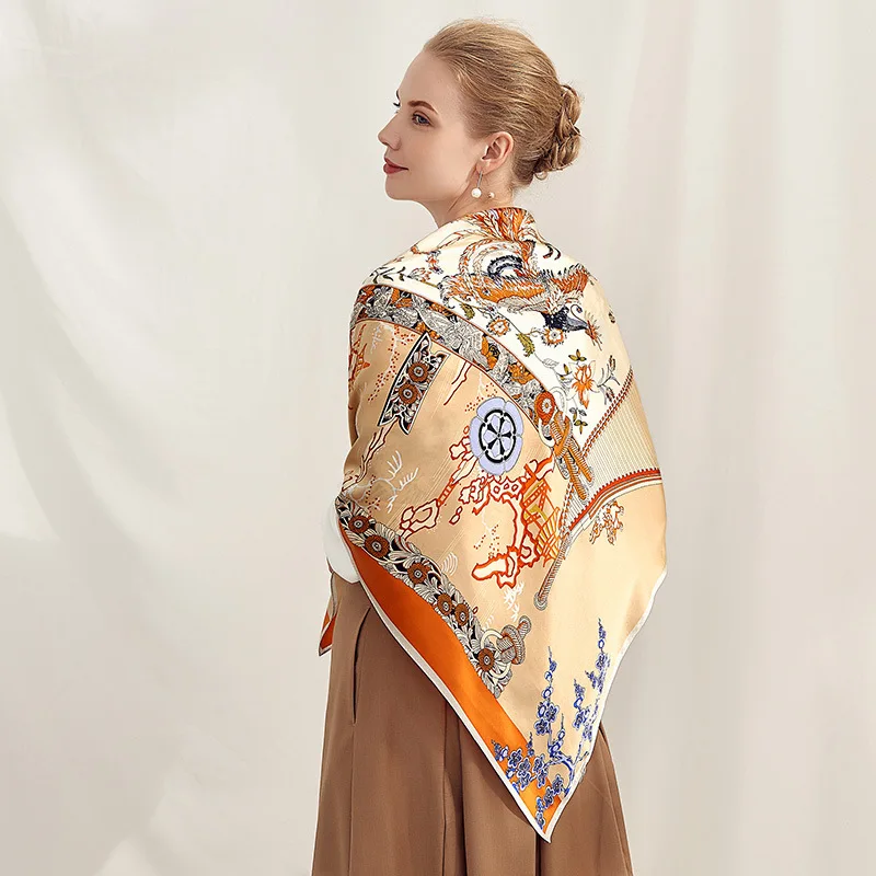 

High Quality 100% Silk Scarf Shalw Women Wraps Hijab Foulard Female Bandana Print Large 110cm Square Satin Scarves Stoles
