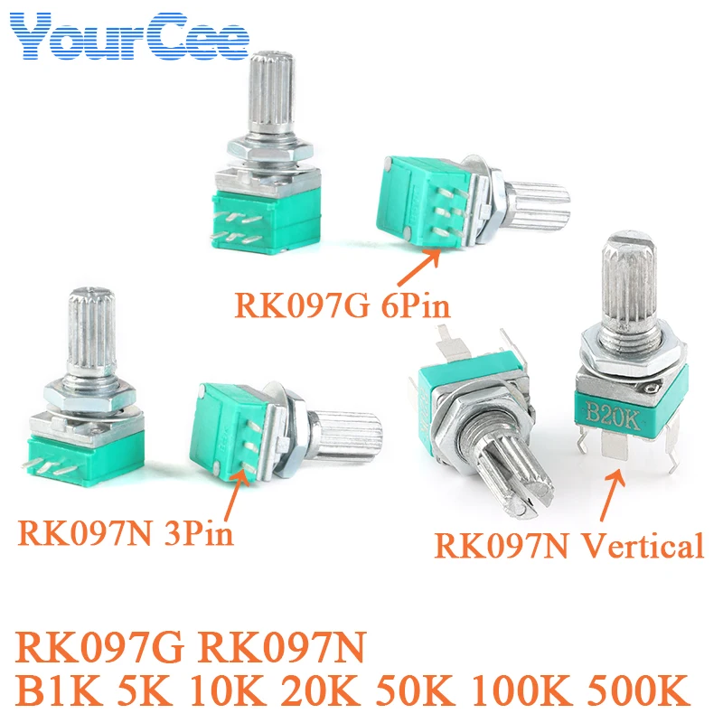 5pcs RK097N Vertical Single Audio Amplifier Seal Potentiometer RK097G B1K 5K 10K 20K 50K 100K 500K Bend 3Pin 6P with Gasket Nut