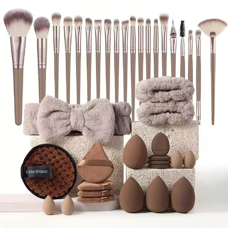  Professional Makeup Brush and Sponge Set 40Pcs Brown Puff Beauty Egg Headband Wristband Remover Case 
