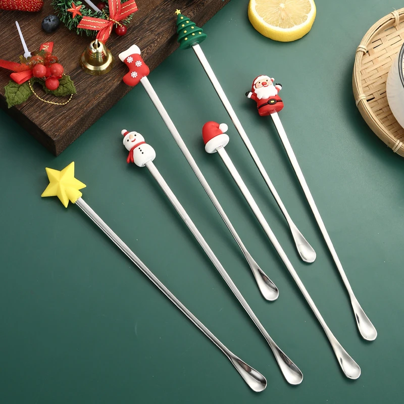 Christmas Series Long Handle Mixing Spoon Stainless Steel Coffee Honey Stirring Spoons Bar Whisky Stir Rod Bartender Accessories