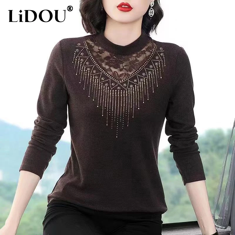 

2023 Winter Vintage Solid Color Stand Collar Long Sleeve Warm T-Shirts Women Casual Lace Patchwork Diamonds All-match Pullovers