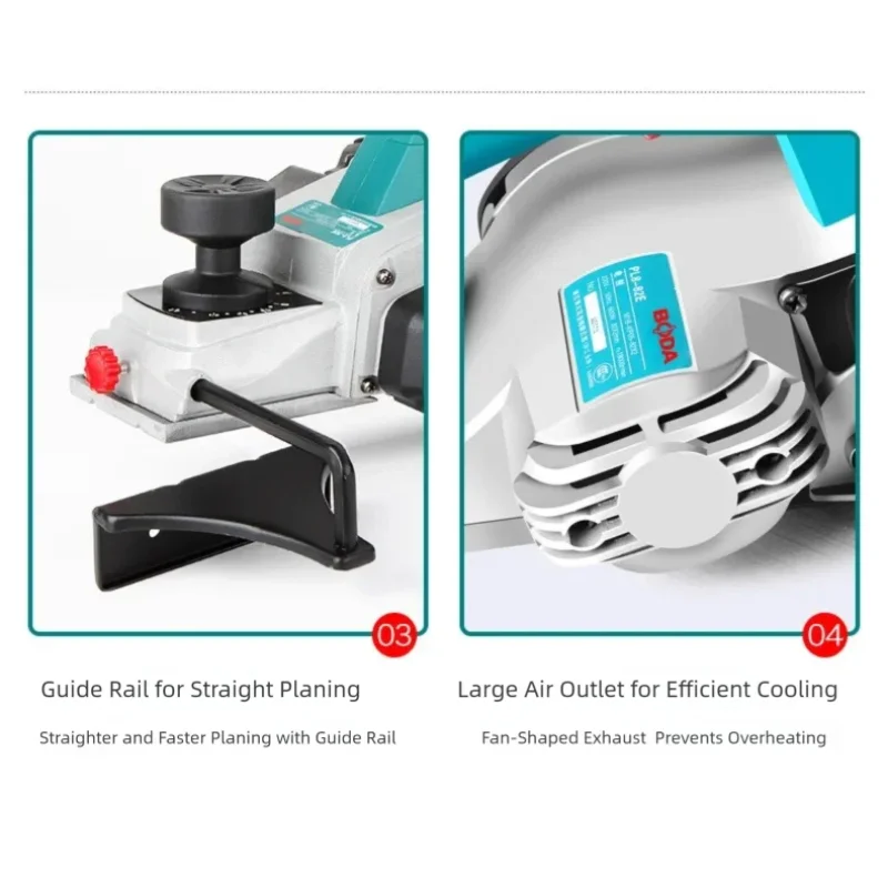 BODA PL8-82E 600W 산업용 전기 대패 ? 알루미늄 하우징, 조절 가능한 깊이, 이중 블레이드, 액세서리 포함