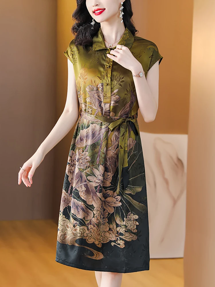 

Summer Floral Silk Satin Elegant Shirt Long Dress Women Short Sleeve Polo Collar Office Lady Dress 2024 Korean Vintage Prom Robe