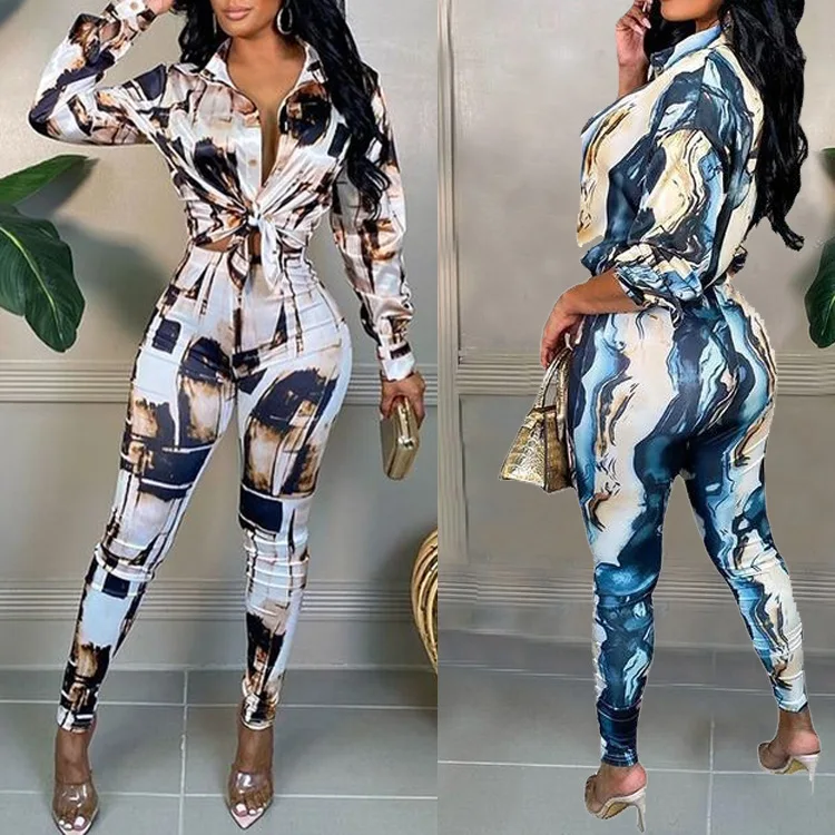 

Woman 2pcs Satin Suit Tie Dye Printed Turn Down Collar Button long Sleeve T-shirt+Pencil Pant Tracksuit S-XL 2Color