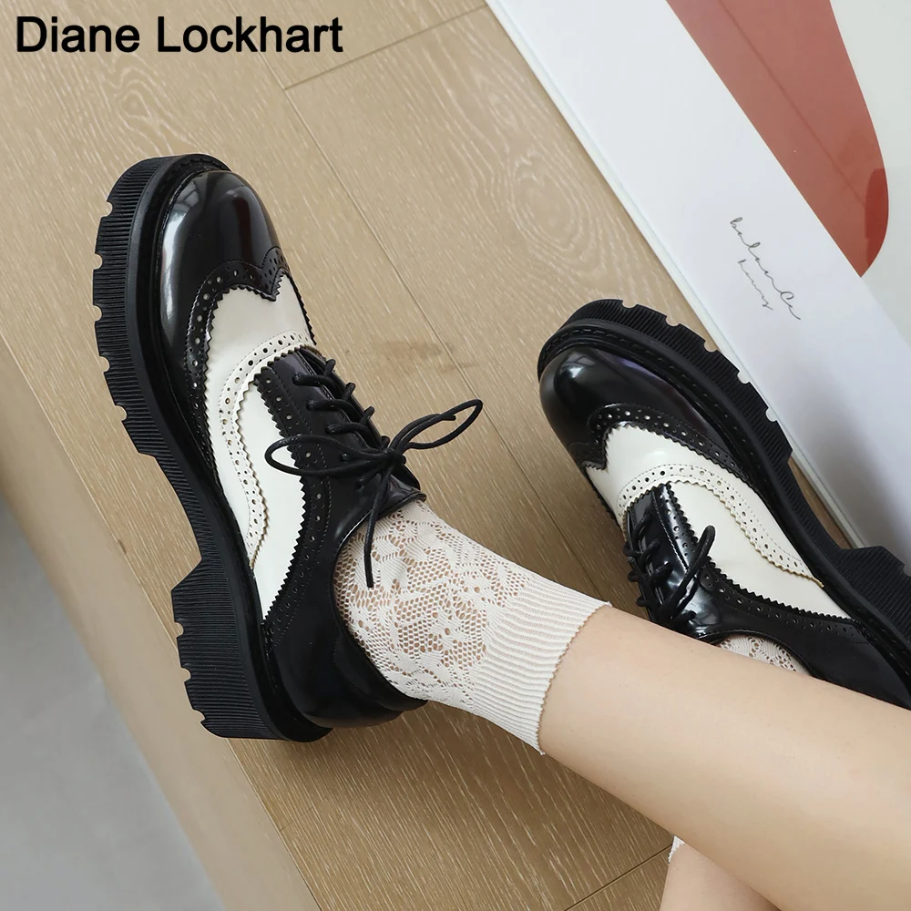 

dropshipping British style women brogue shoes cross tied mixed color round toe wingtip oxfords casual footwear sapatos chaussure