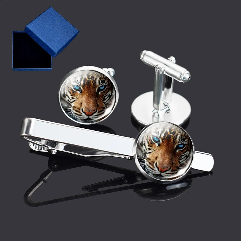 3 Pz/Set Uomini Suit Gemelli Tie Clip Set Foresta Tigre Leone Francese Gemelli Tie Clip Set Regali Per Papà Fidanzato Con Confezione Regalo