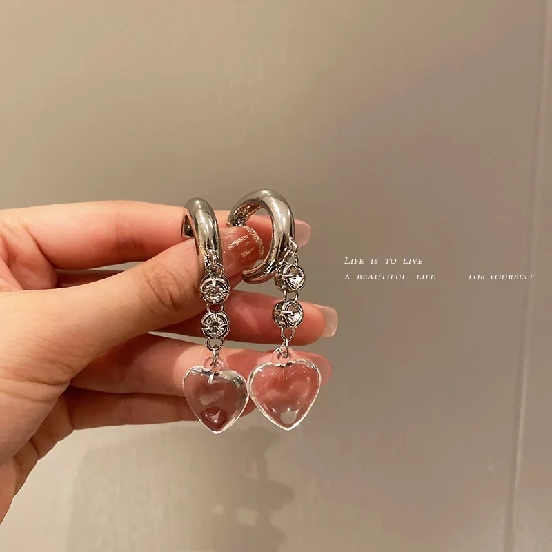 Egirl Jewelry Transparent Love Zircon Earrings Korean Retro Long Tassel Earrings Ins Style Sweet