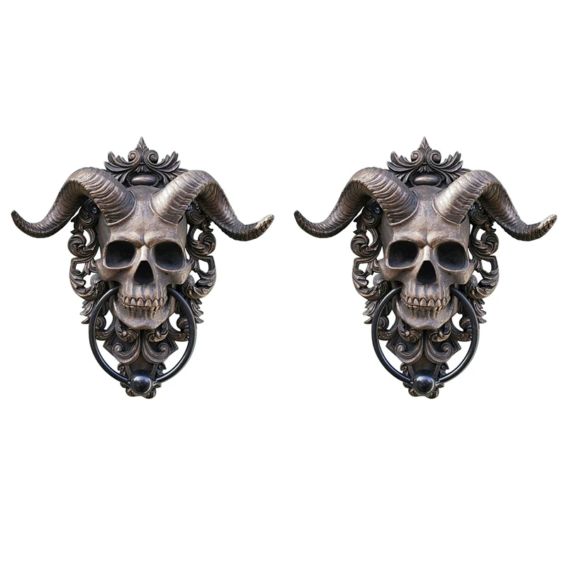 2X Horned Skull Hanging Door Knocker Gothic Heavy Duty Door Knocker Vintage Statues Garden