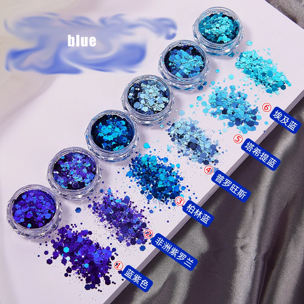 6 Farben Candy Blue Purple Gold Shiny Nail Glitter Chunky Pailletten Maniküre Dekorationen – Detail 14