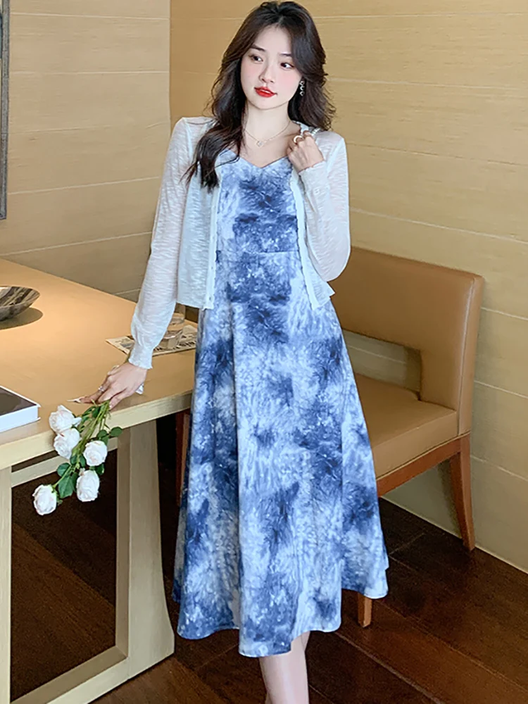 2024 Autumn White Long Sleeve Cardigan+Blue Print Sling Midi Dress Suits  Women Korean Fashion Elegant Bodycon Festival Dress Set - AliExpress