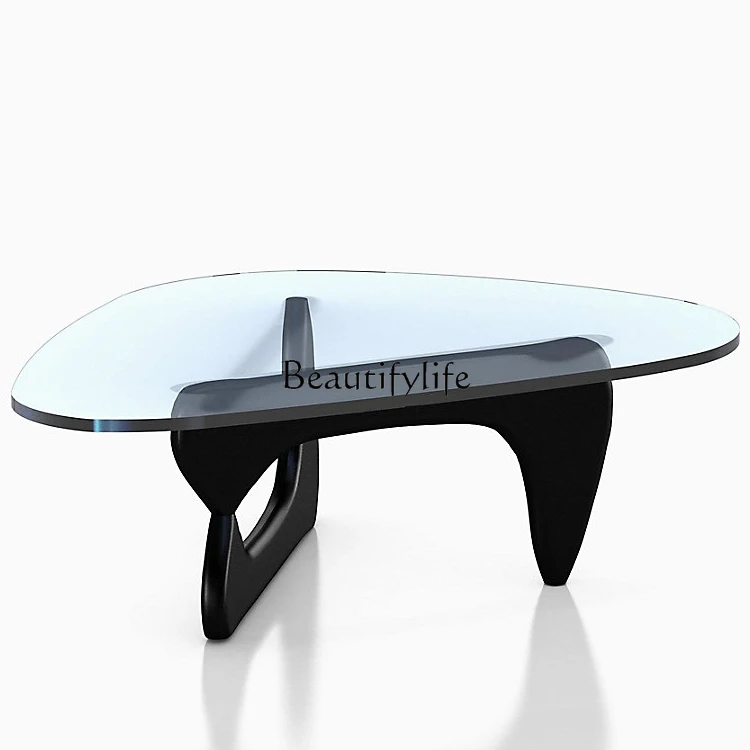 

Designer Triangle Coffee Table Tempered Glass Black Solid Wood Tea Table Creative Log Home