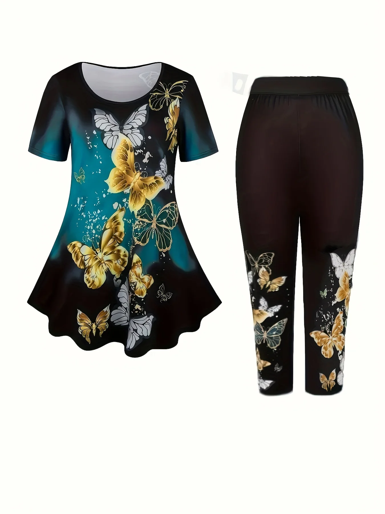플러스 사이즈 여성용 대형 골드 나비 프린트 캐주얼 반팔 라운드넥 티셔츠, 크롭 팬츠 투피스 세트, 여름