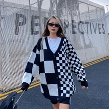 

Deeptown Gothic Streetwear Plaid Patchwork Balck Oversize Sweater Cardigan Women Harajuku Punk Jumper Female Mall Goth White Top
