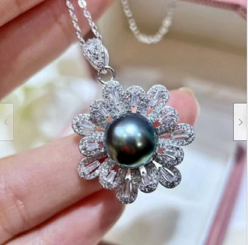 

HOT AAAAA 9-10MM SOUTH SEA GENUINE BLACK ROUND PEARL PENDANT NECKLACE 925S
