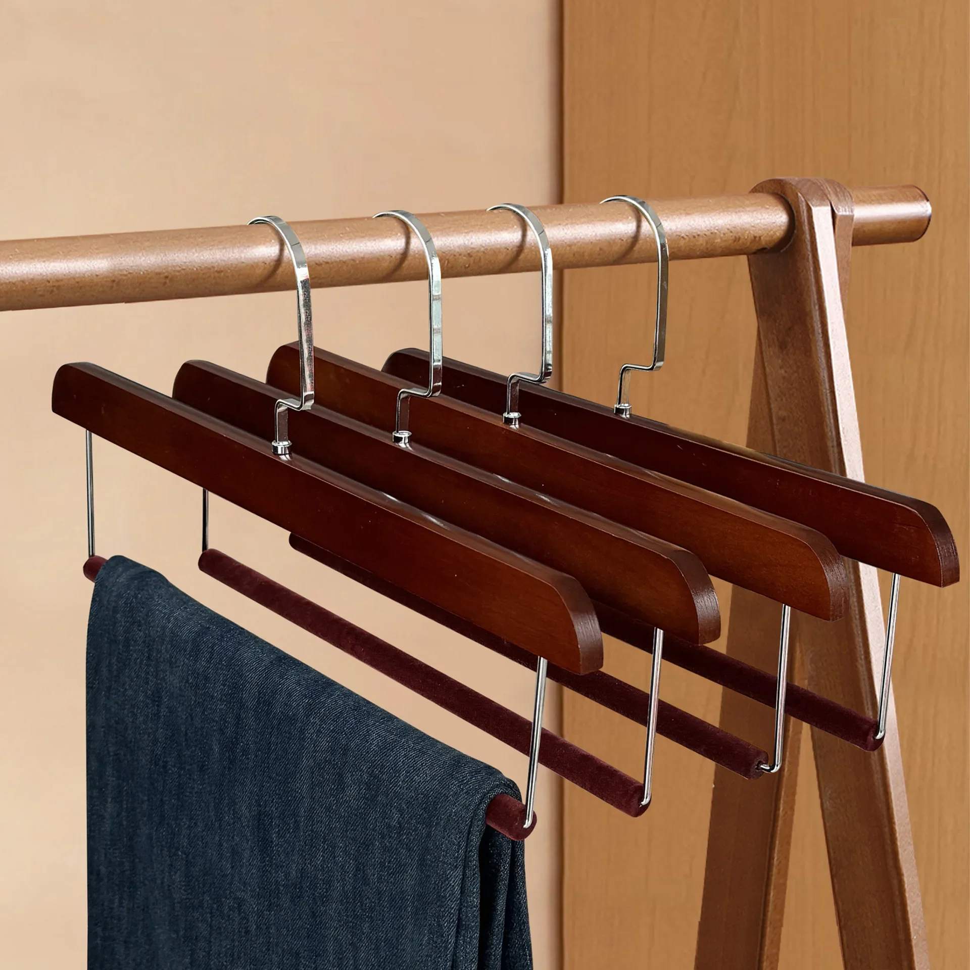 5pcs Premium Solid Wooden Pants Hanger,Non-Slip Blanket Scarf Storage Organizer Rack for Closet,Multi-functional Trouser Holder 5