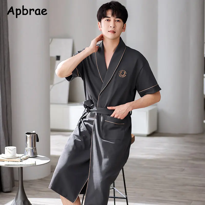 

Apbrae New Summer Men's Soft Cotton Bathrobe Dark Grey Half Sleeve Solid Robe Big Size 4XL Fashion Elegant Kimono for Gentleman