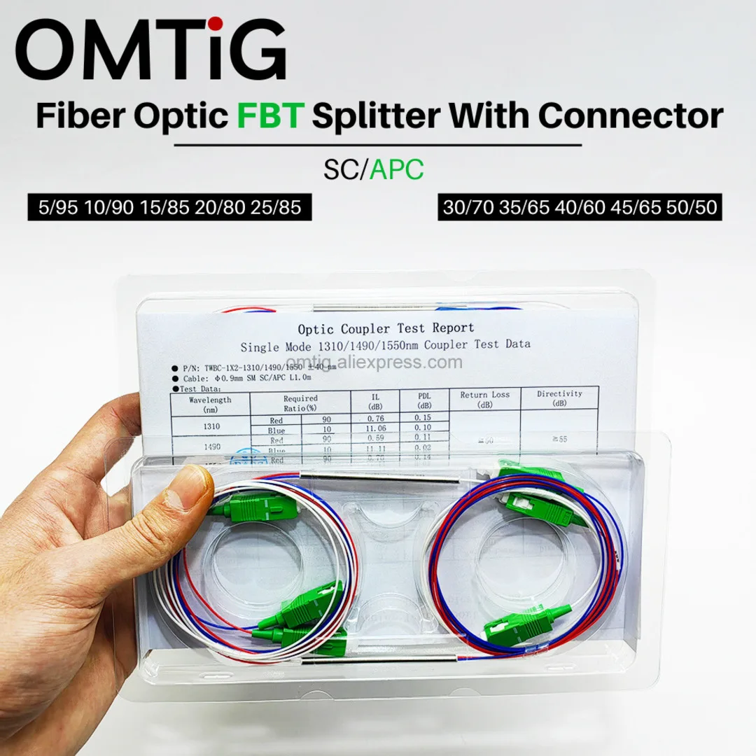 5pcs/lot Fiber Optic FBT Splitter With SC/APC Connector Fiber Optic Cable ,1x2 Single mode 0.9mm Optional Ratio Splitter