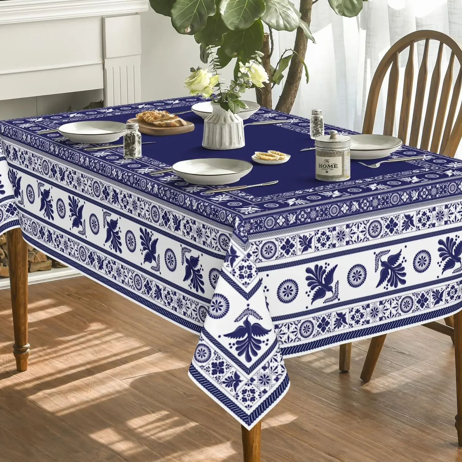 Blue Mexican Floral Birds Rectangle Tablecloth Patchwork Tiles Waterproof Home Party Kitchen Dining Table Cover Decor