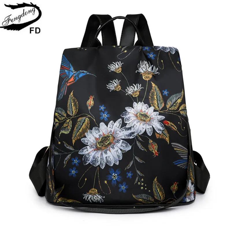 Mochila antiroubo vintage para mulheres, mochila de flor preta, bolsa de ombro feminina, presente para mãe