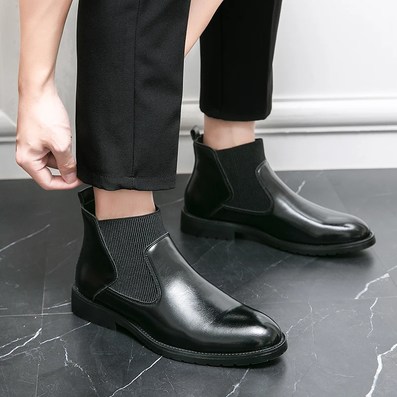 

New Design Men Black Ankle Boots Genuine Leather Vintage Slip-On Chelsea Boots Male Motorcycle High Top Casual Work Outdoor Shoe