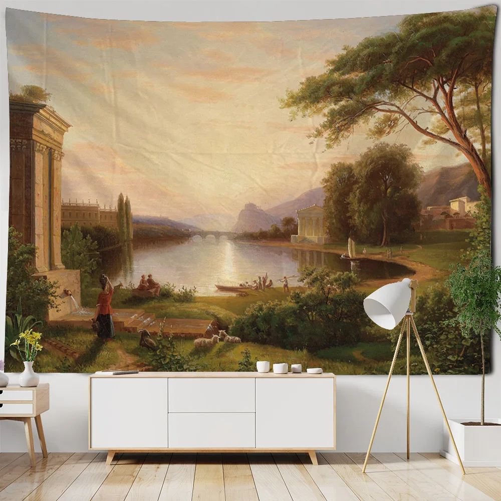 European style landscape oil painting tapestry, home wall hanging fabric, Bohemian, aesthetic, living room, bedroom decoration