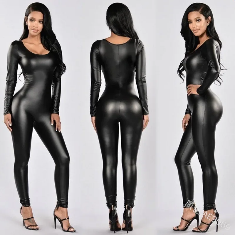 

Women Jumpsuit Patent Leather Sexy Black Long Sleeve Jumpsuit Female Uniform Bodysuit