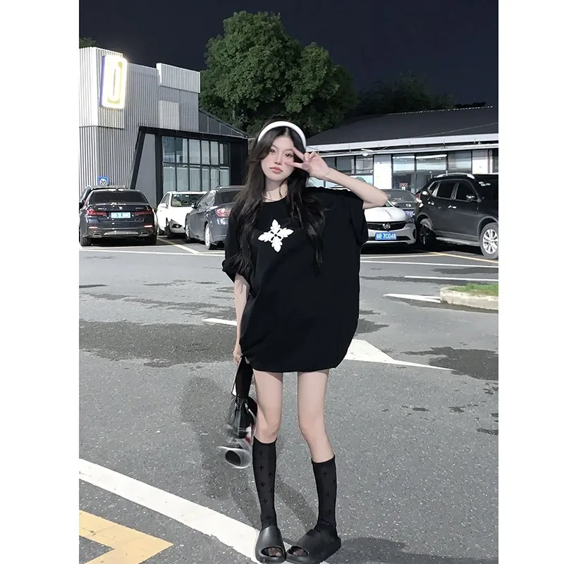 

2022 New Arrival Summer Korean Style Women Casual Loose Short Sleeve Long T Shirt All-matched Print O-neck Cotton T-shirt V597