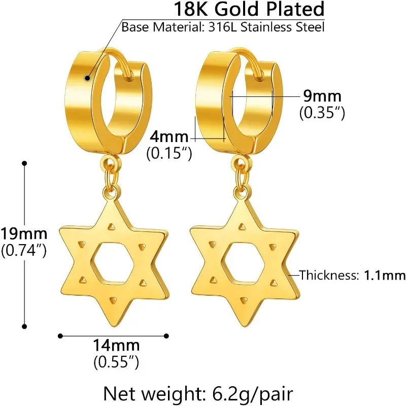 Star of David Earrings for Men Women Stainless Steel Hypoallergenic for Sensitive Ears